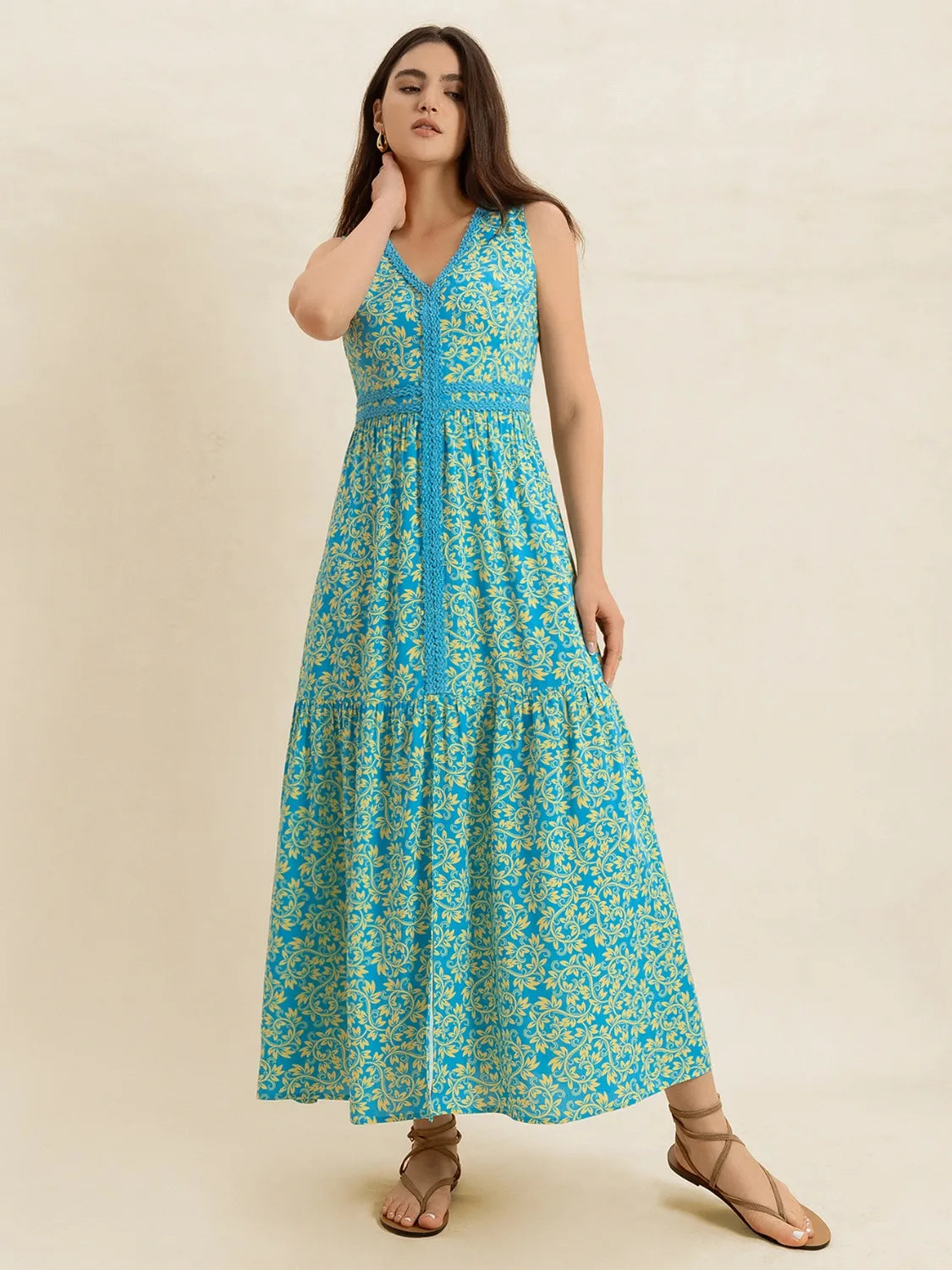 Slit Printed V-Neck Sleeveless Dress -