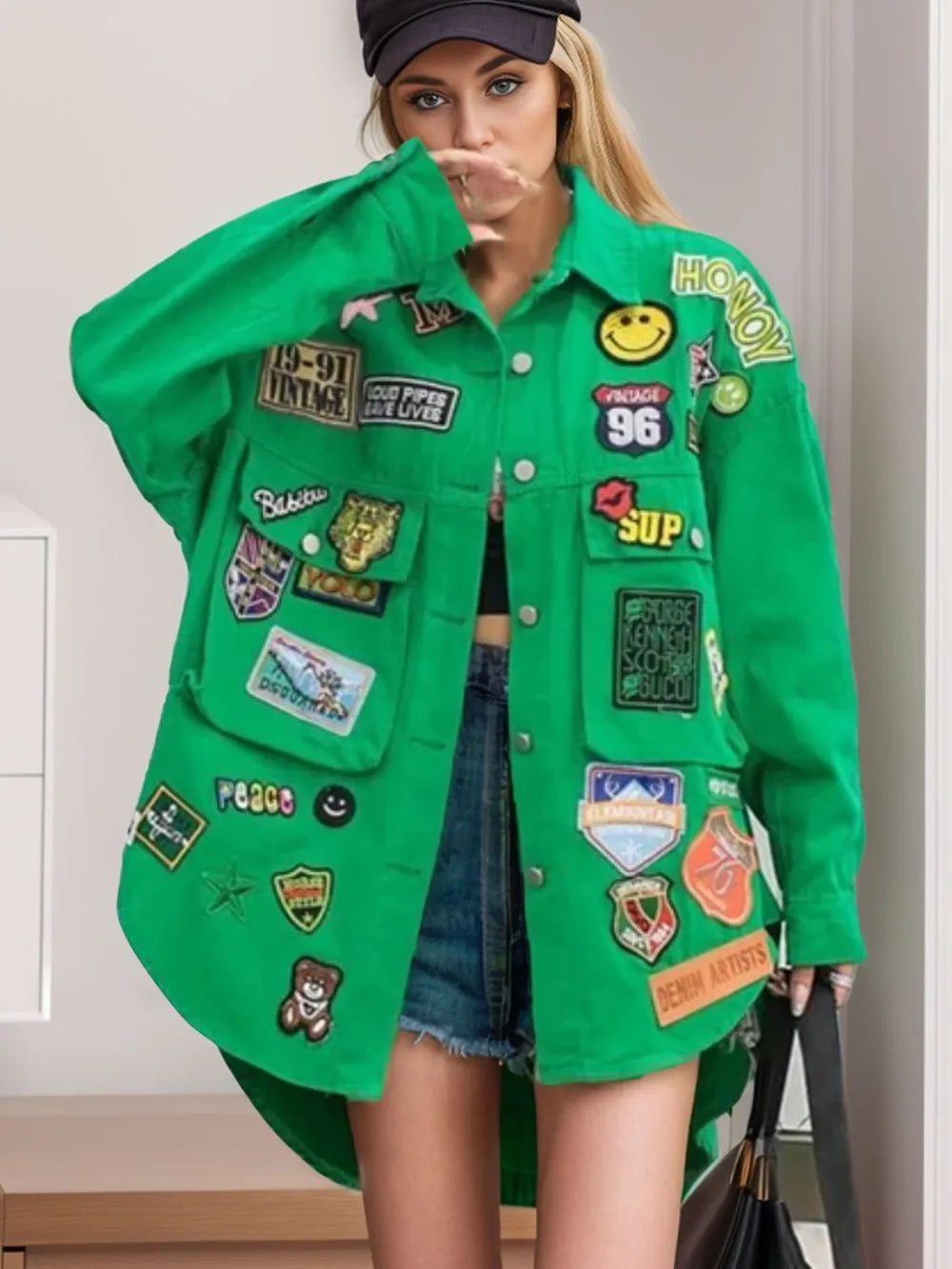 Embroidered Patch Button Up Denim Jacket - Green