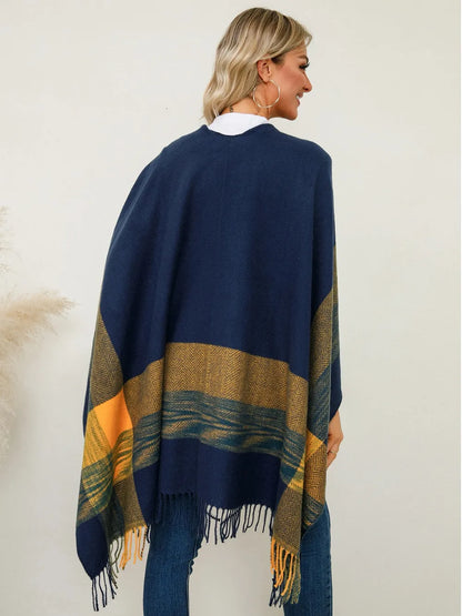 Fringe Contrast Plaid Poncho - Navy One Size