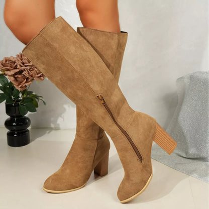 Point Toe Knee-High Suede Block Heel Boots -