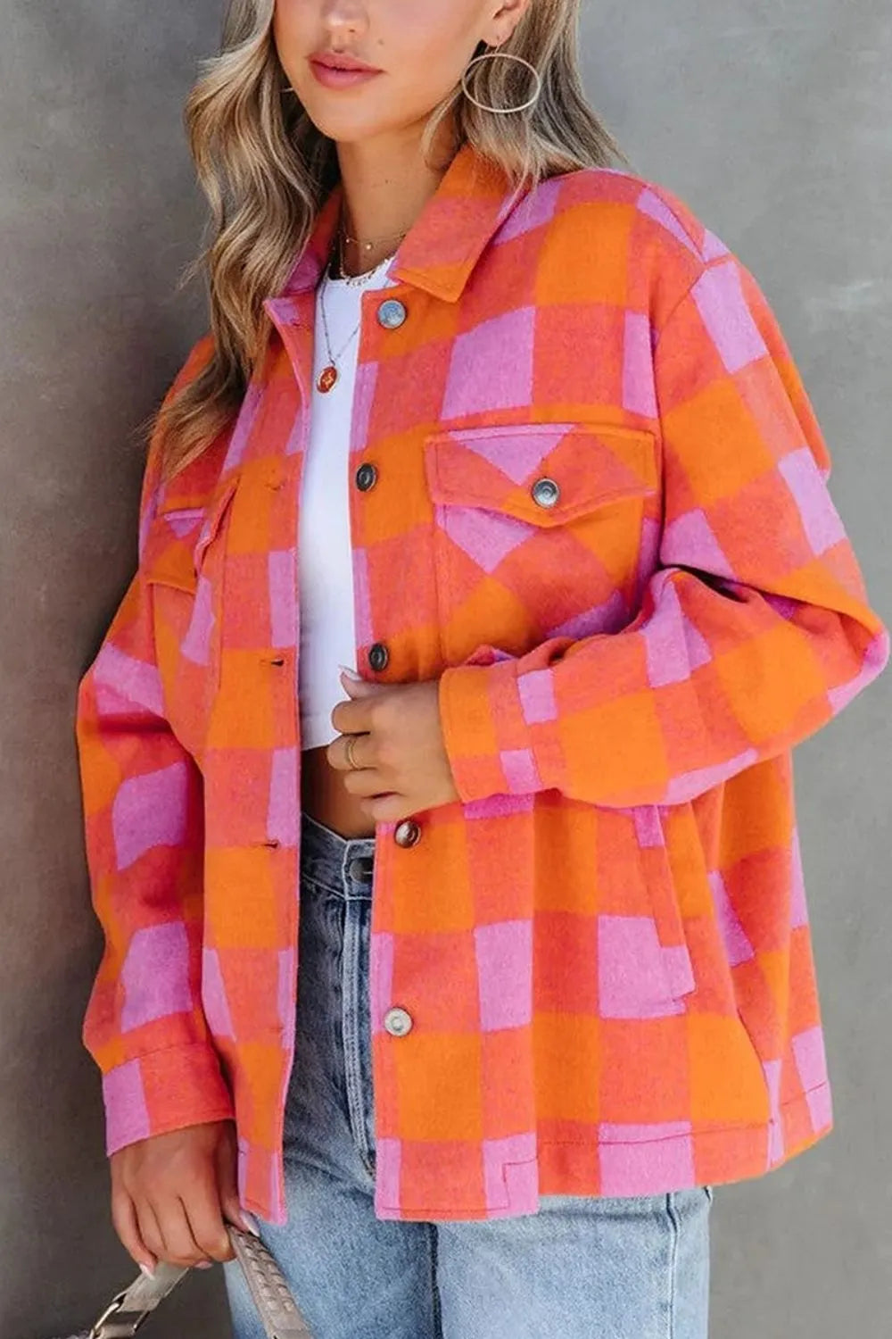 Plaid Collared Neck Button Up Jacket - Orange