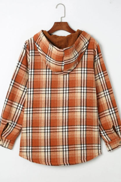 Plaid Button Up Long Sleeve Hooded Jacket -