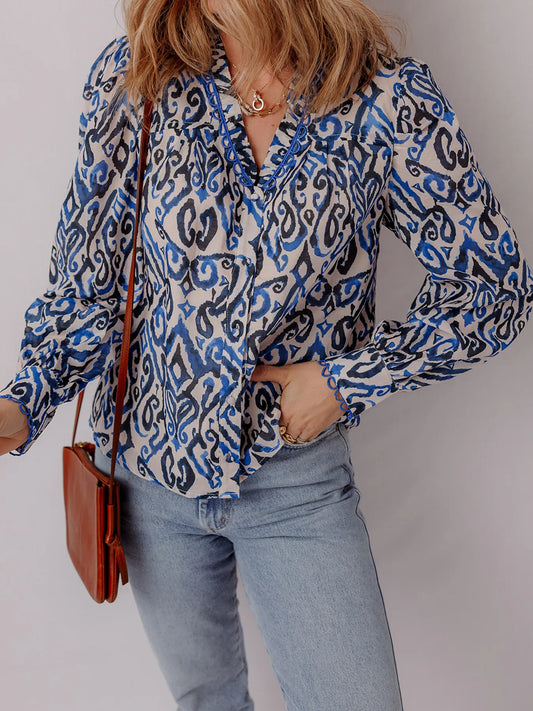 Paisley Print Long Sleeve Blouse - Navy