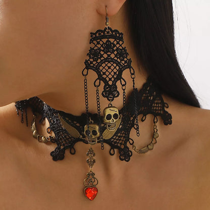 Lace Skull Necklace and Earrings Jewelry Set -
