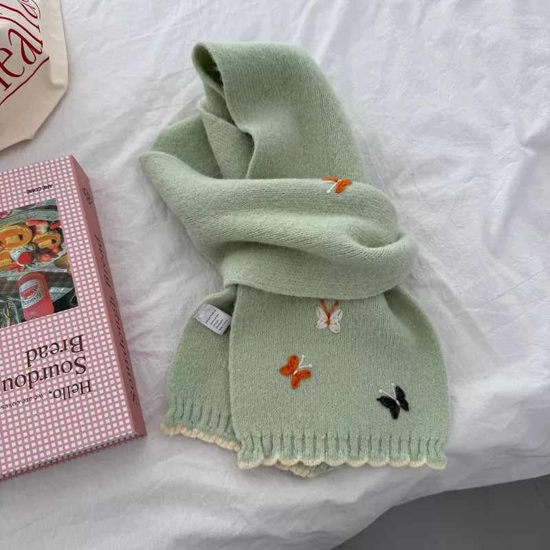 Butterfly Embroidered Knitted Scarf - Green One Size
