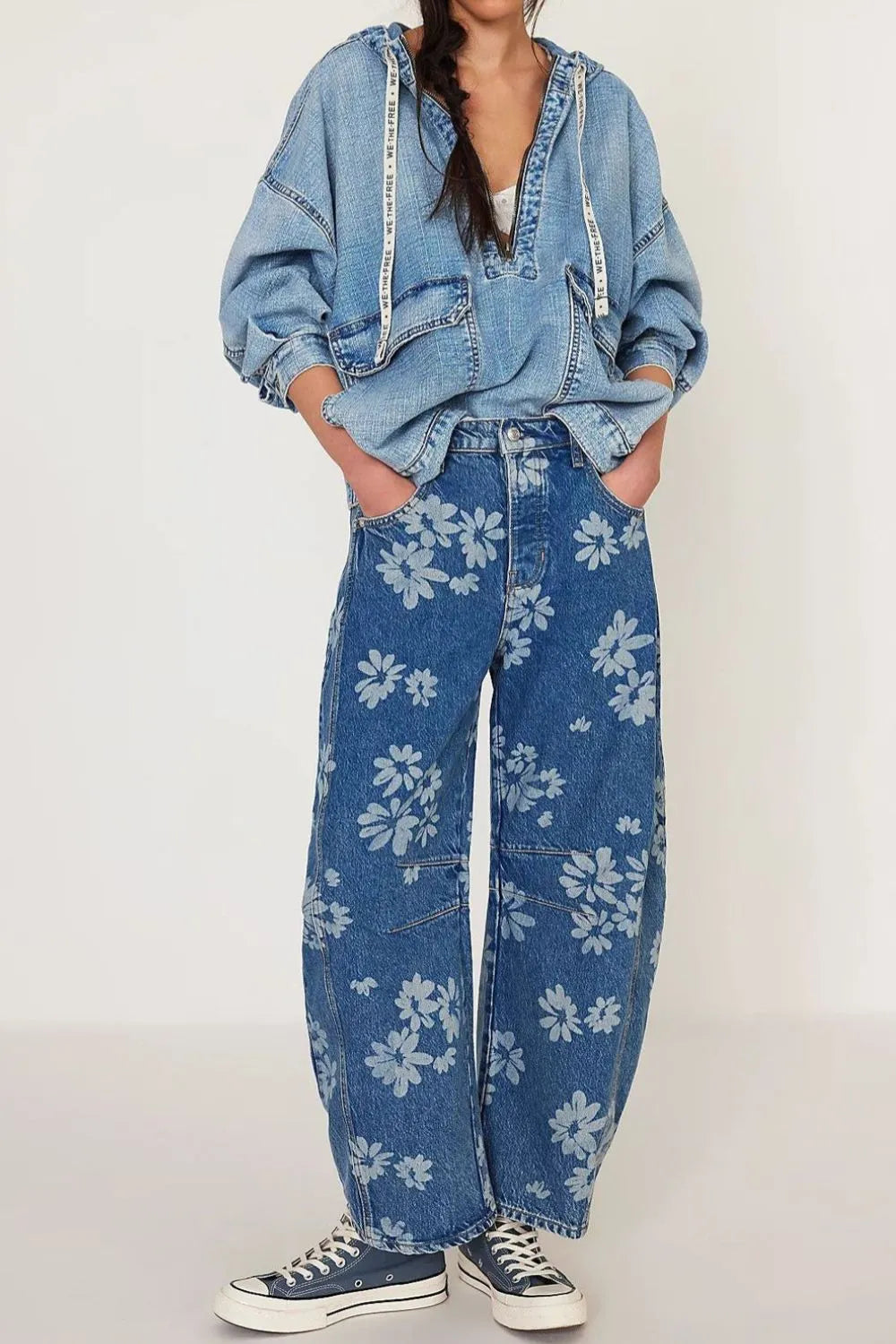 Flower Print Wide Leg Jeans -