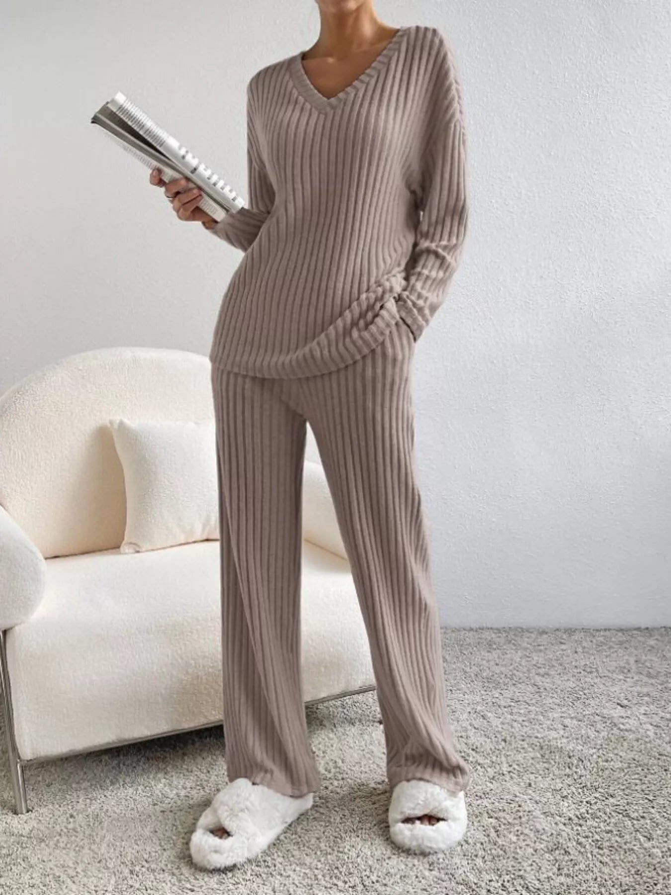 Ribbed Knit V-Neck Top and Pants Set - Khaki