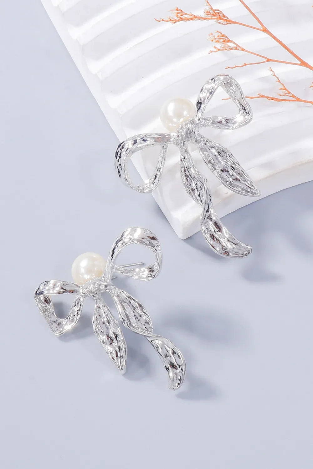Synthetic Pearl Bow Necklace and Bow Earrings Jewelry Set -
