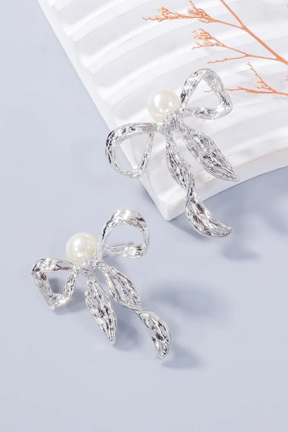 Synthetic Pearl Bow Necklace and Bow Earrings Jewelry Set -
