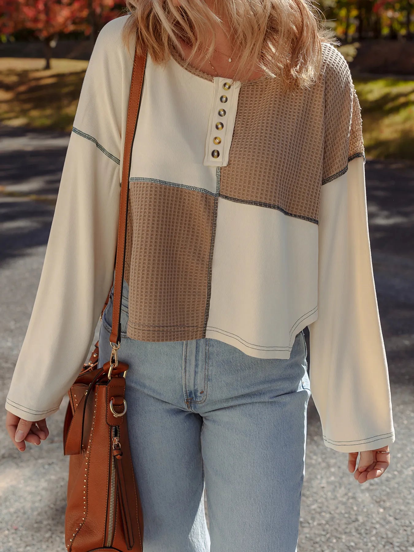 Color Block Stitch Detail Long Sleeve Top - Camel