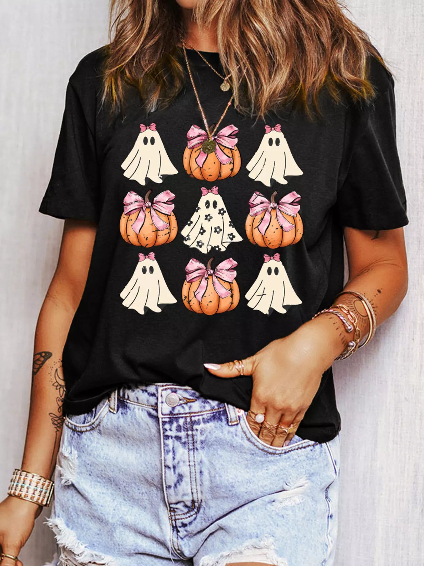Bowknot Ghost Pumpkin Graphic T-Shirt - Black