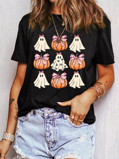 Bowknot Ghost Pumpkin Graphic T-Shirt - Black