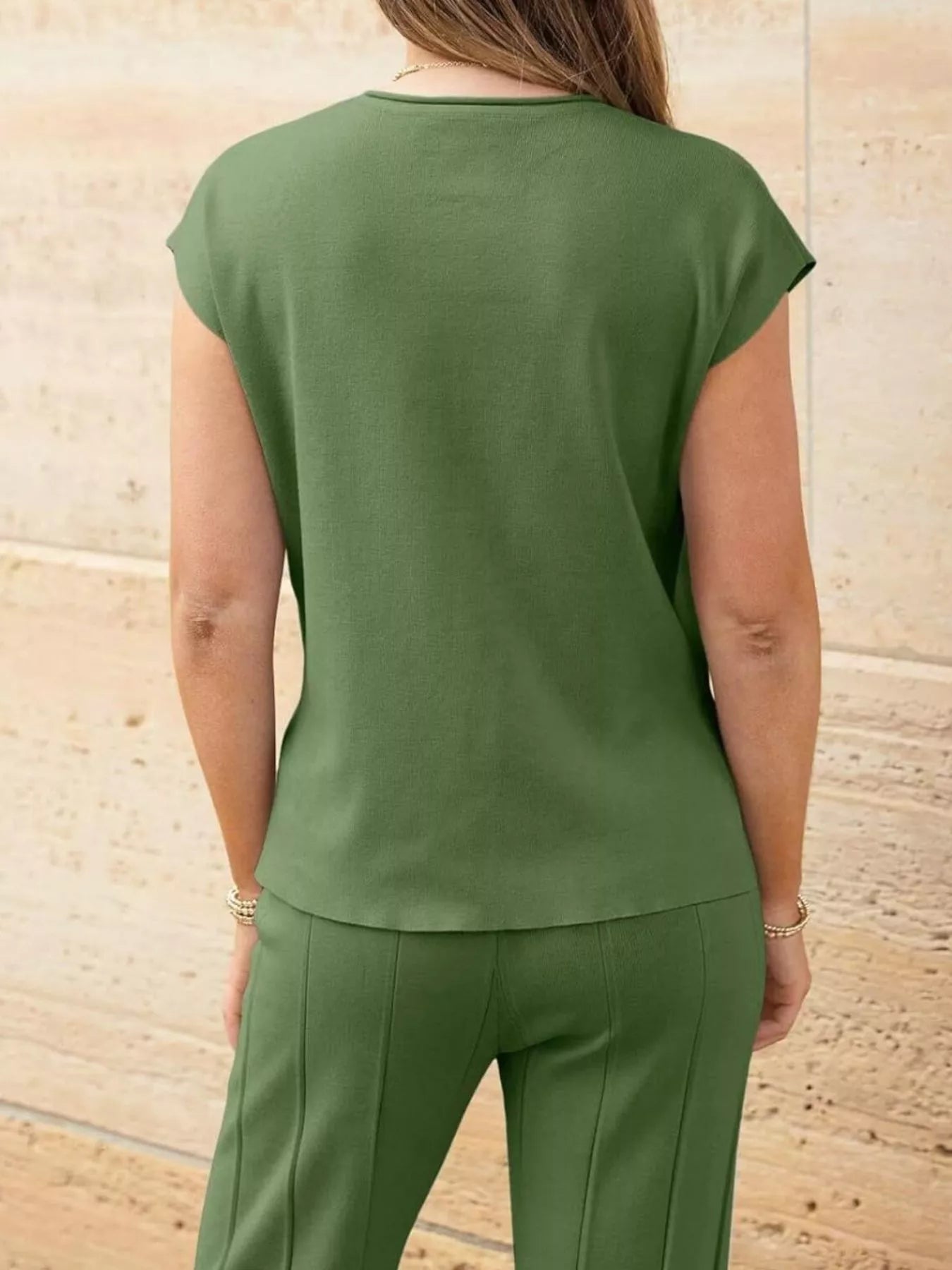 Casual Color Cap Sleeve Top and Pants Knit Set -