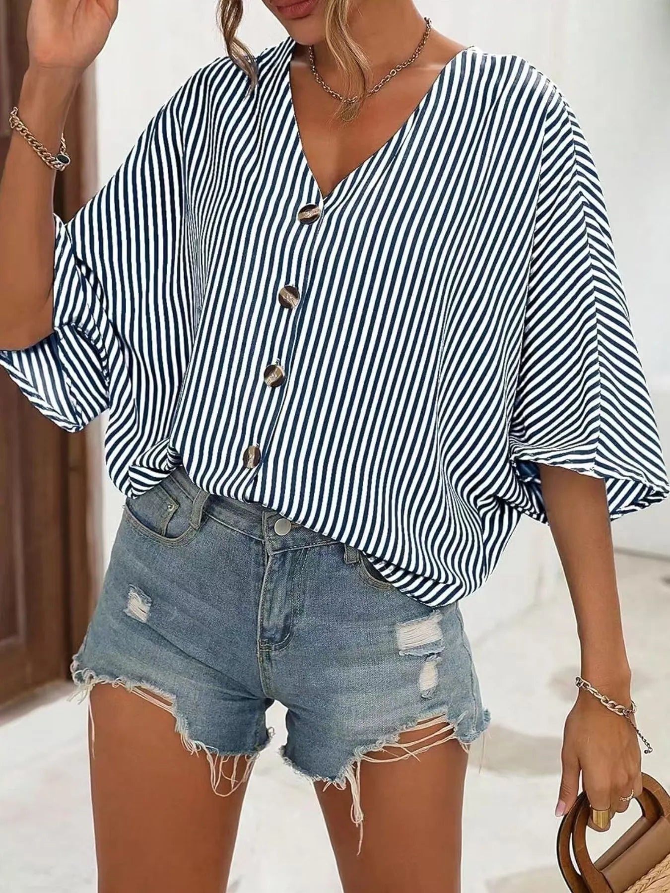 V-Neck Striped Batwing Sleeve Casual Blouse - Dark Navy