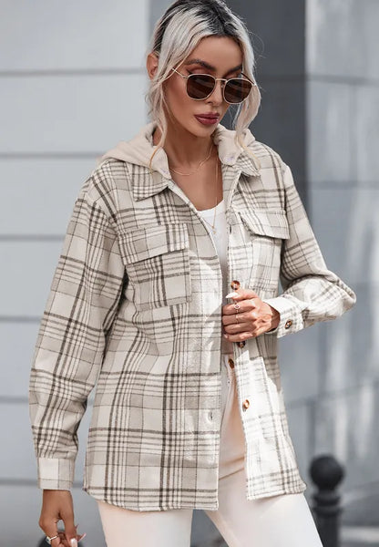 Plaid Removable Hood Button Up Shacket -