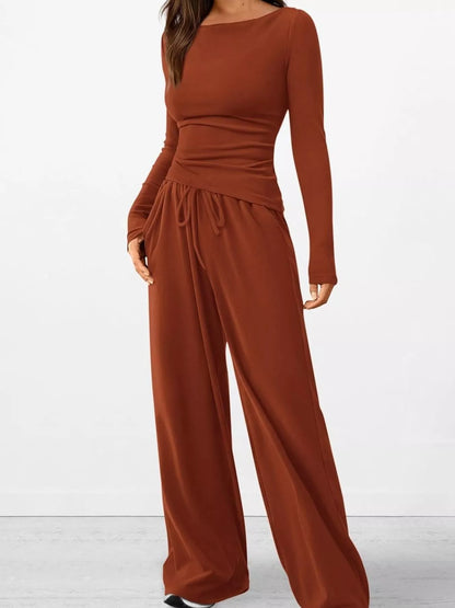 Long Sleeve Top and Wide Leg Pants Set -