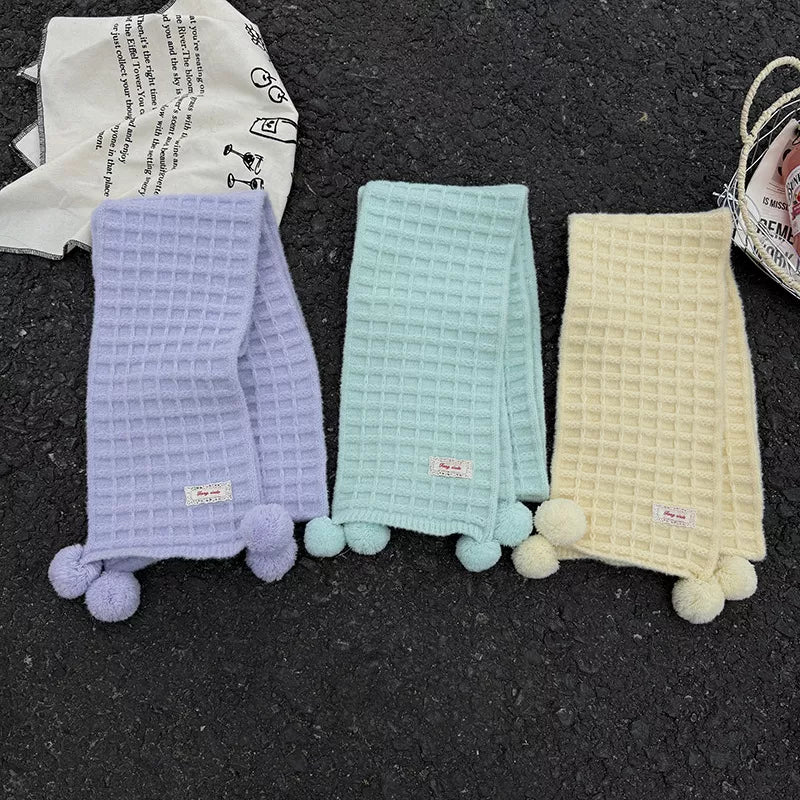 Waffle Knit Pom-Pom Scarf -