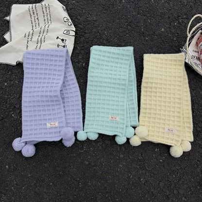 Waffle Knit Pom-Pom Scarf -
