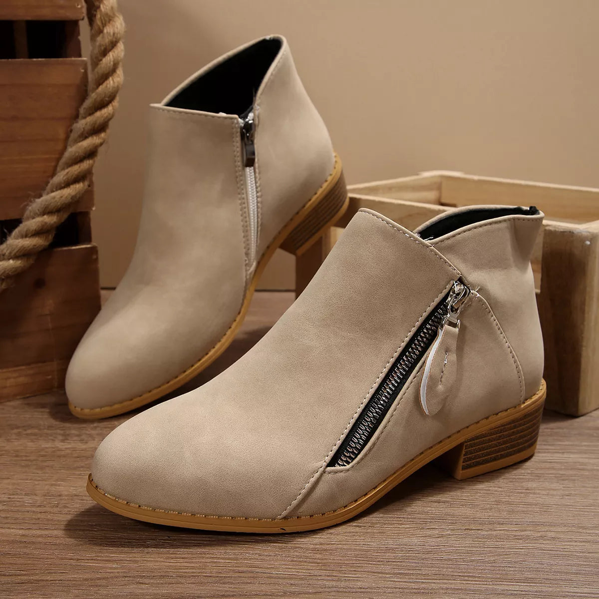 Block Heels Ankle Boots - Khaki