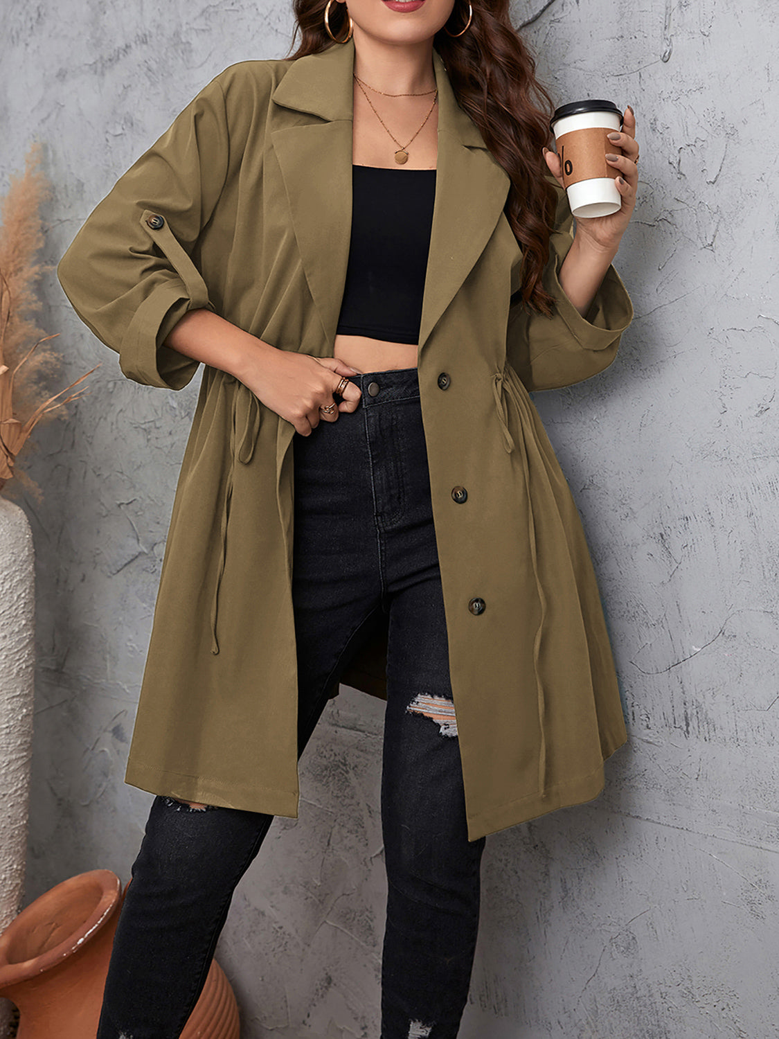 Plus Size Lapel Collar Drawstring Roll-Tab Sleeve Trench Coat - Mocha