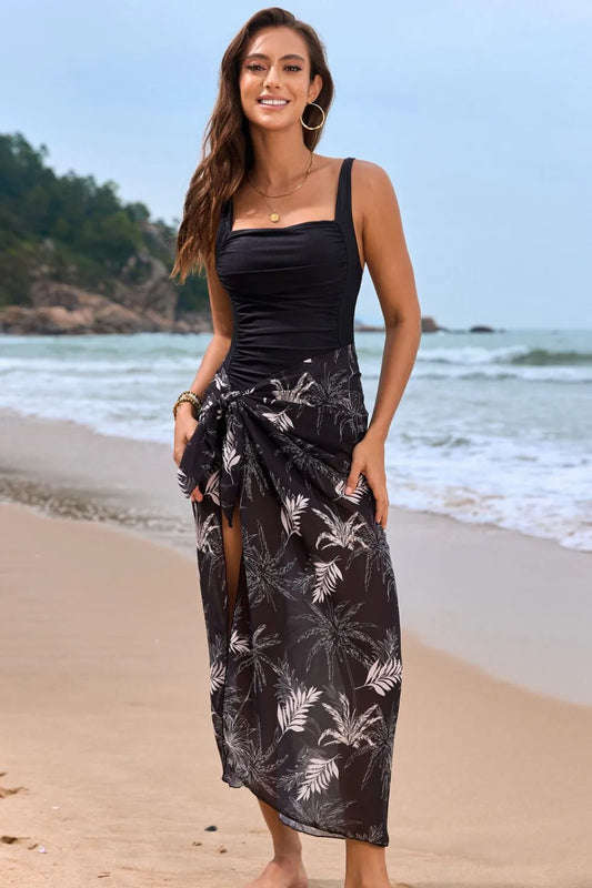 Printed One-Piece Swimwear and Cover Up Swim Set - Black