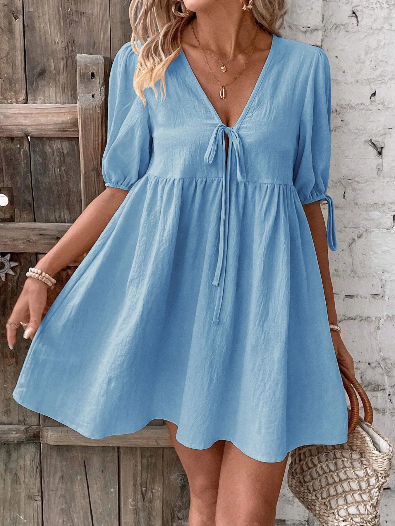 V-Neck Puff Sleeves Mini Dress -
