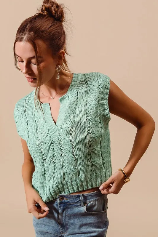 Notched Neck Cable Knit Sweater Vest - Dusty Sage