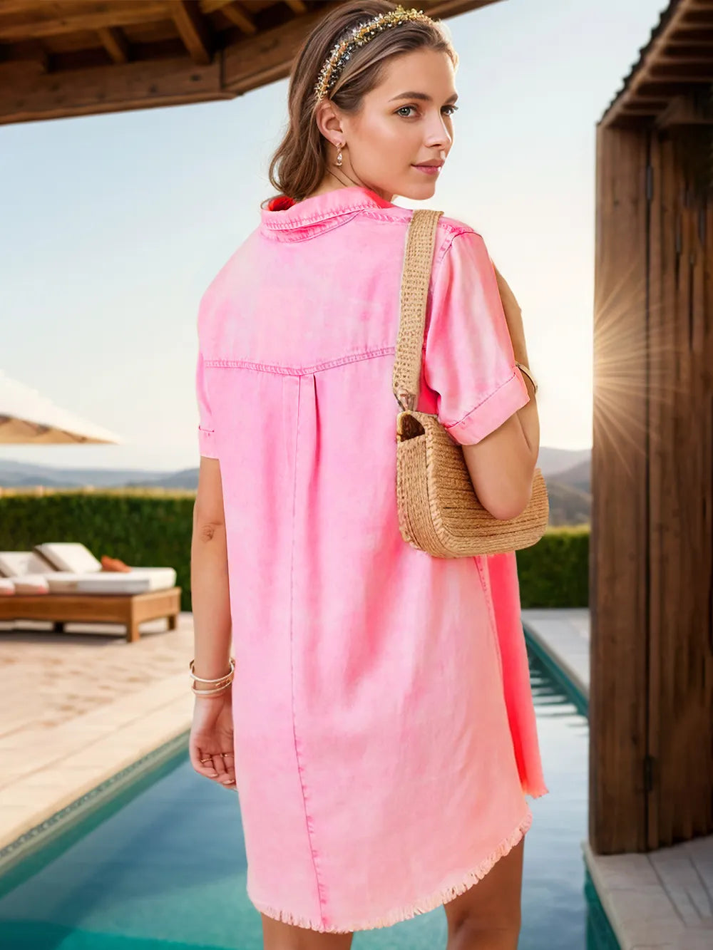 Pocketed Collared Neck Short Sleeve Denim Dress - Blush Pink