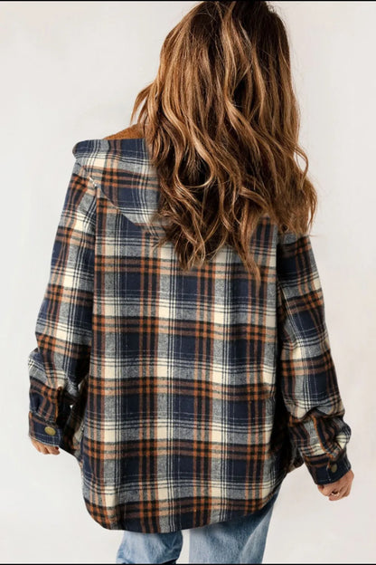 Plaid Button Up Long Sleeve Hooded Jacket -