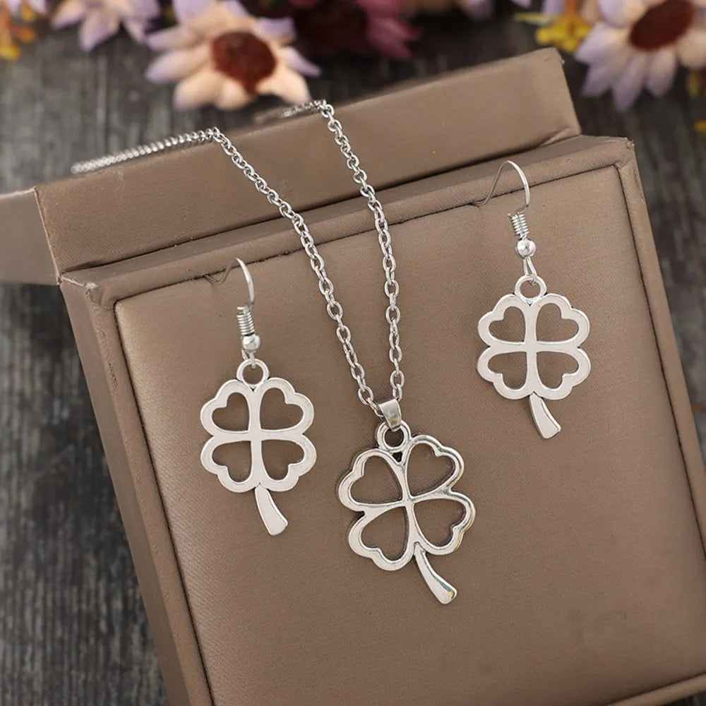 Lucky Clover Alloy Earrings and Necklace Jewelry Set -
