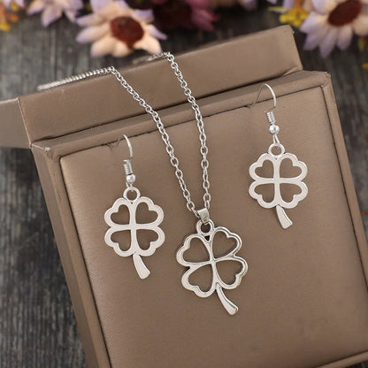 Lucky Clover Alloy Earrings and Necklace Jewelry Set -