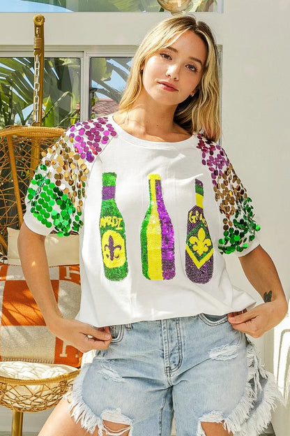 Sequin Mardi Gras Bottles Spangled Sleeve Top -