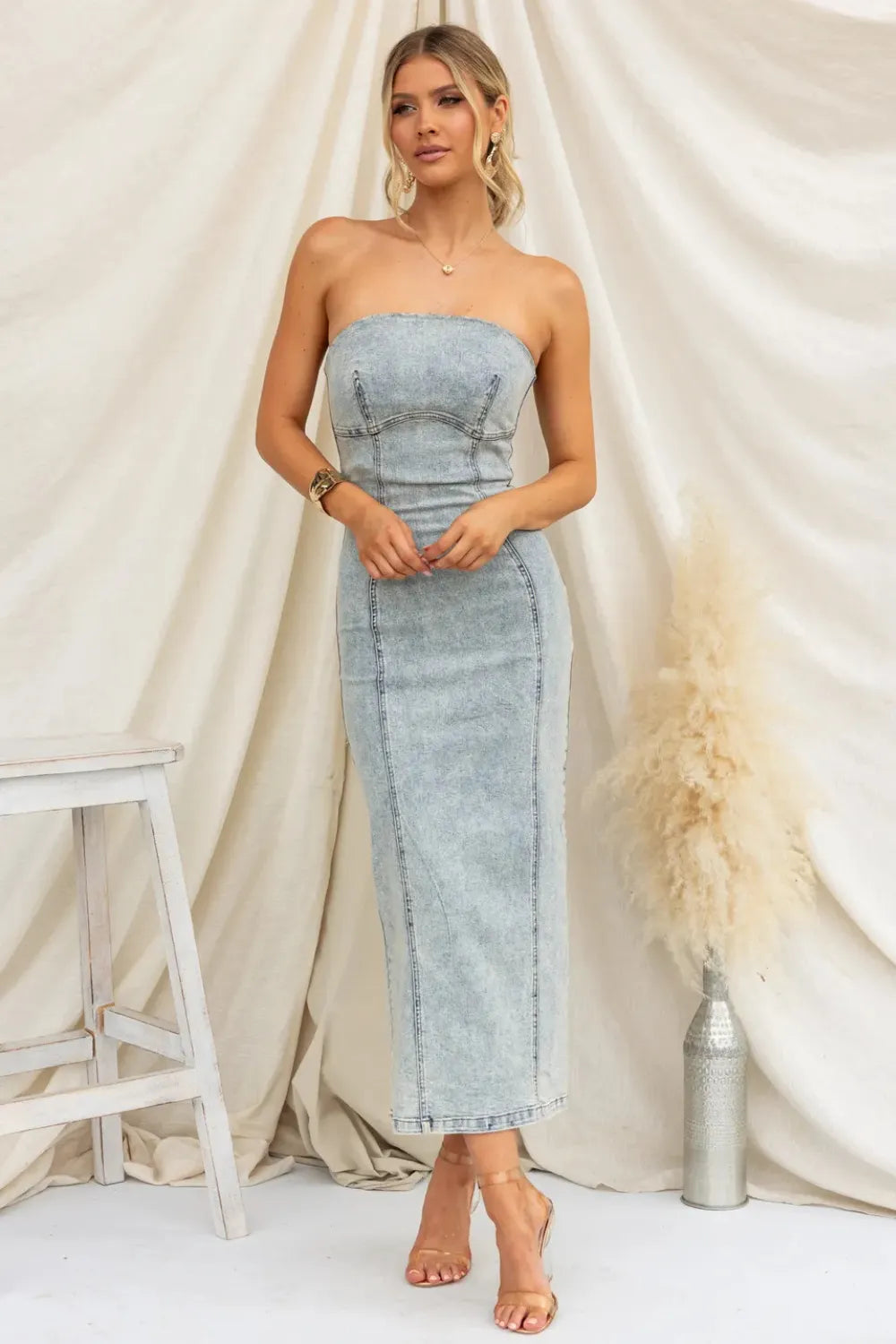 Washed Slit Back Tube Denim Dress -