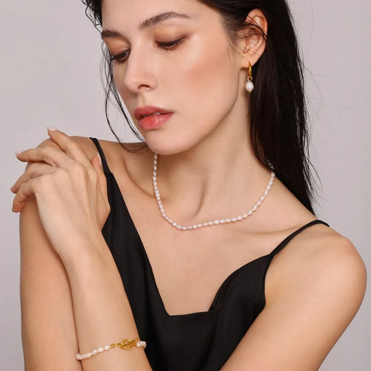 Pearl Necklace, Bracelet and Earrings 4-Piece Jewelry Set - Gold One Size