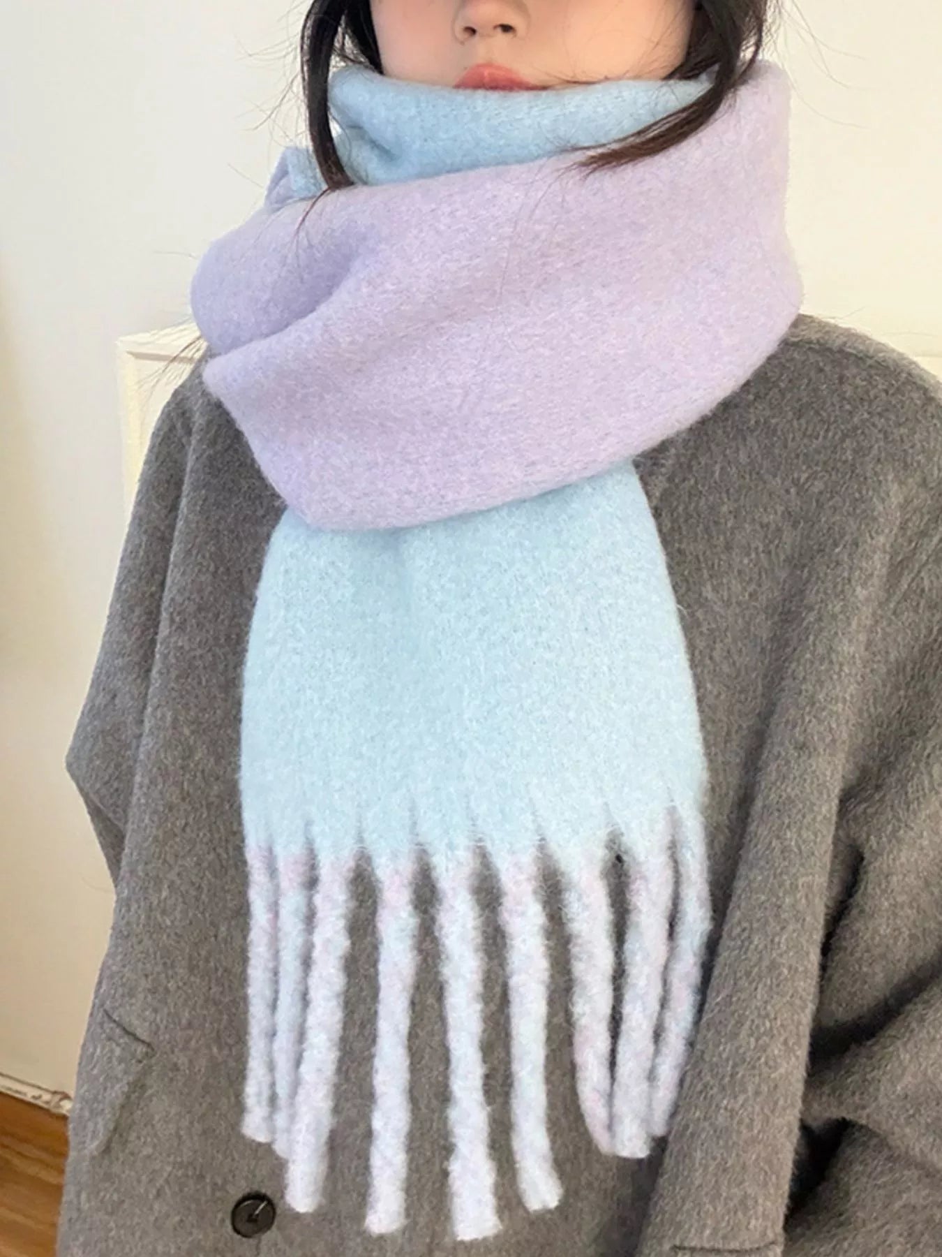 Color Block Fringe Winter Scarf - Purple One Size