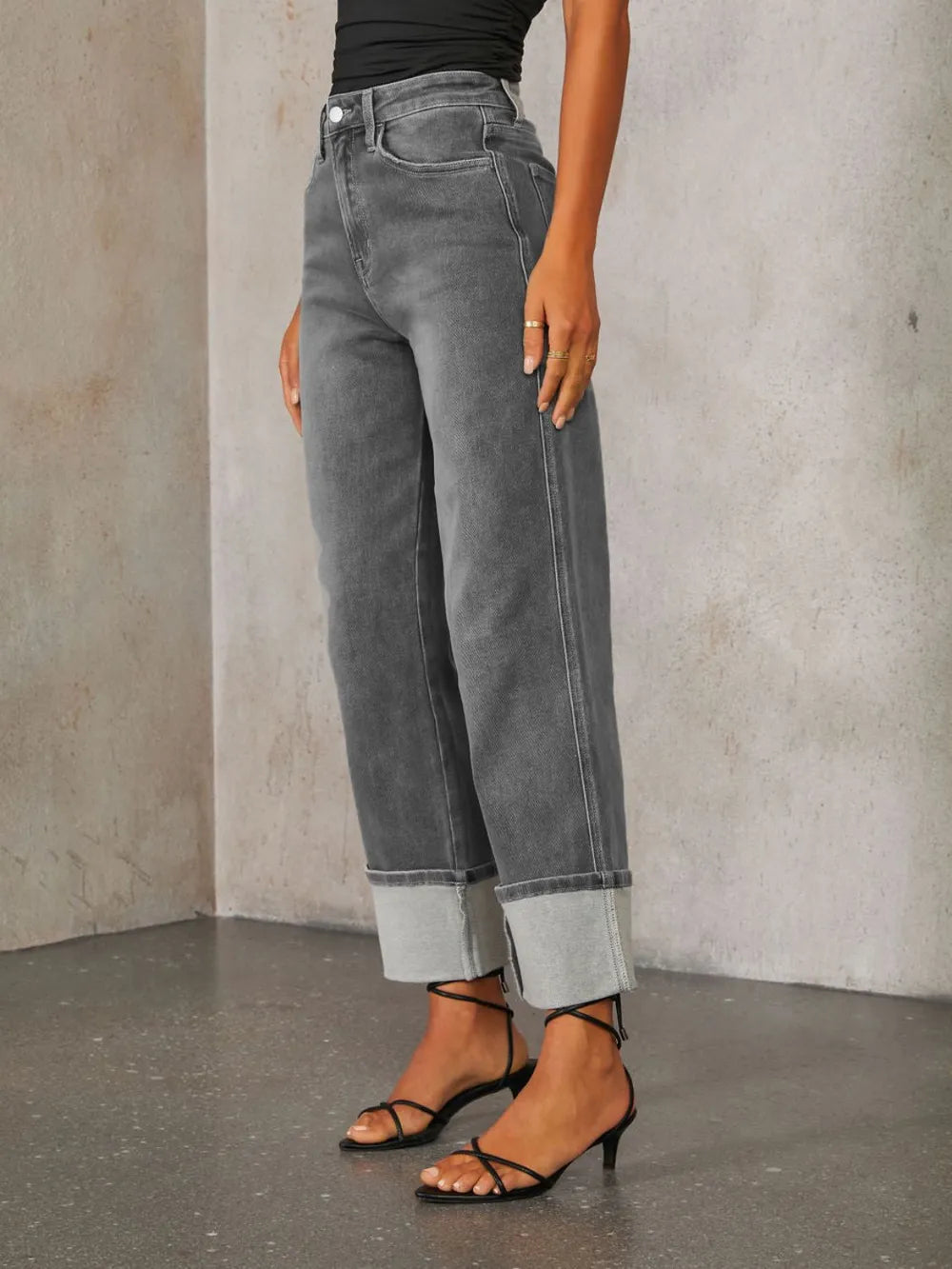 High Waisted Straight Leg Rolled Jeans -