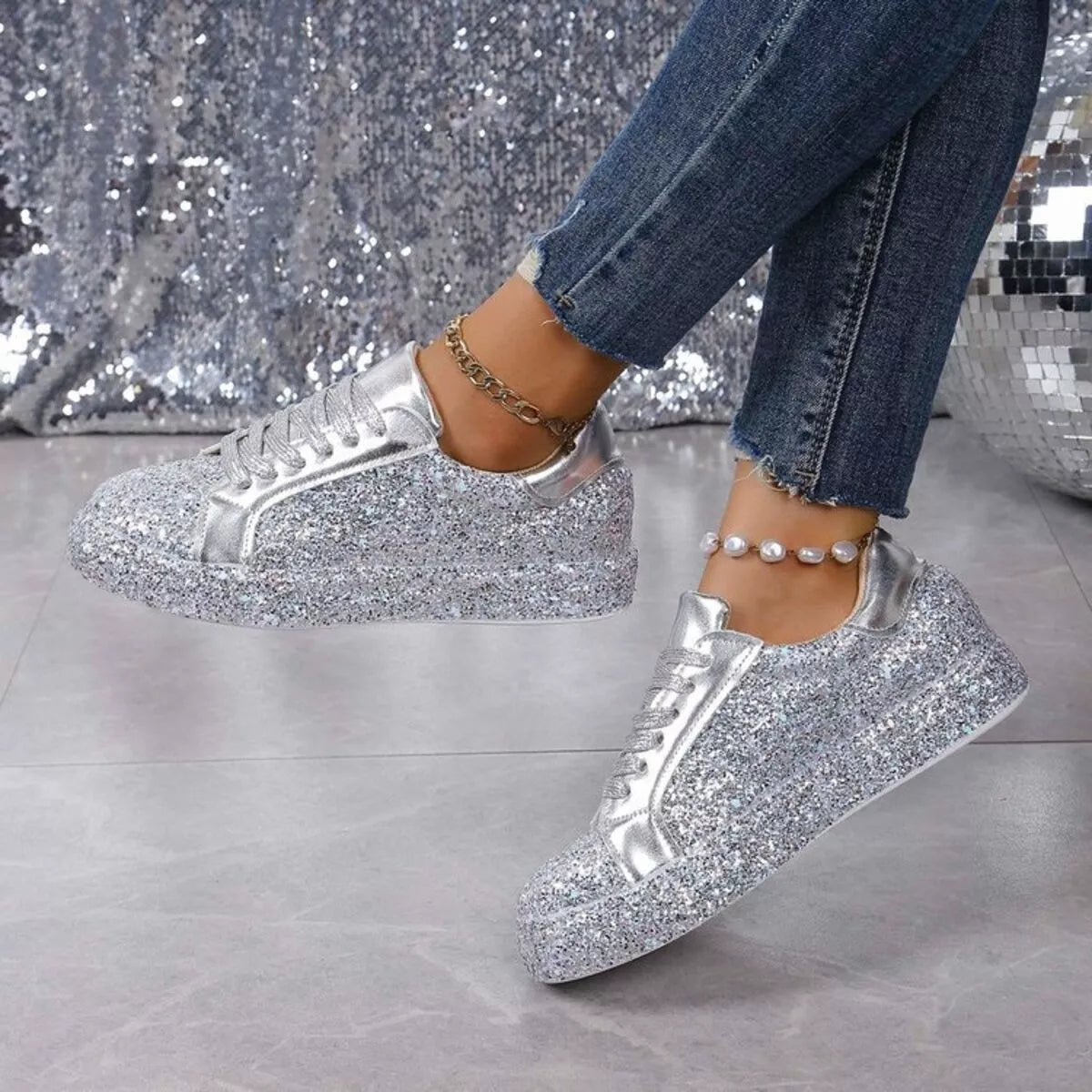 Sparkling Lace Up Sneakers - Silver