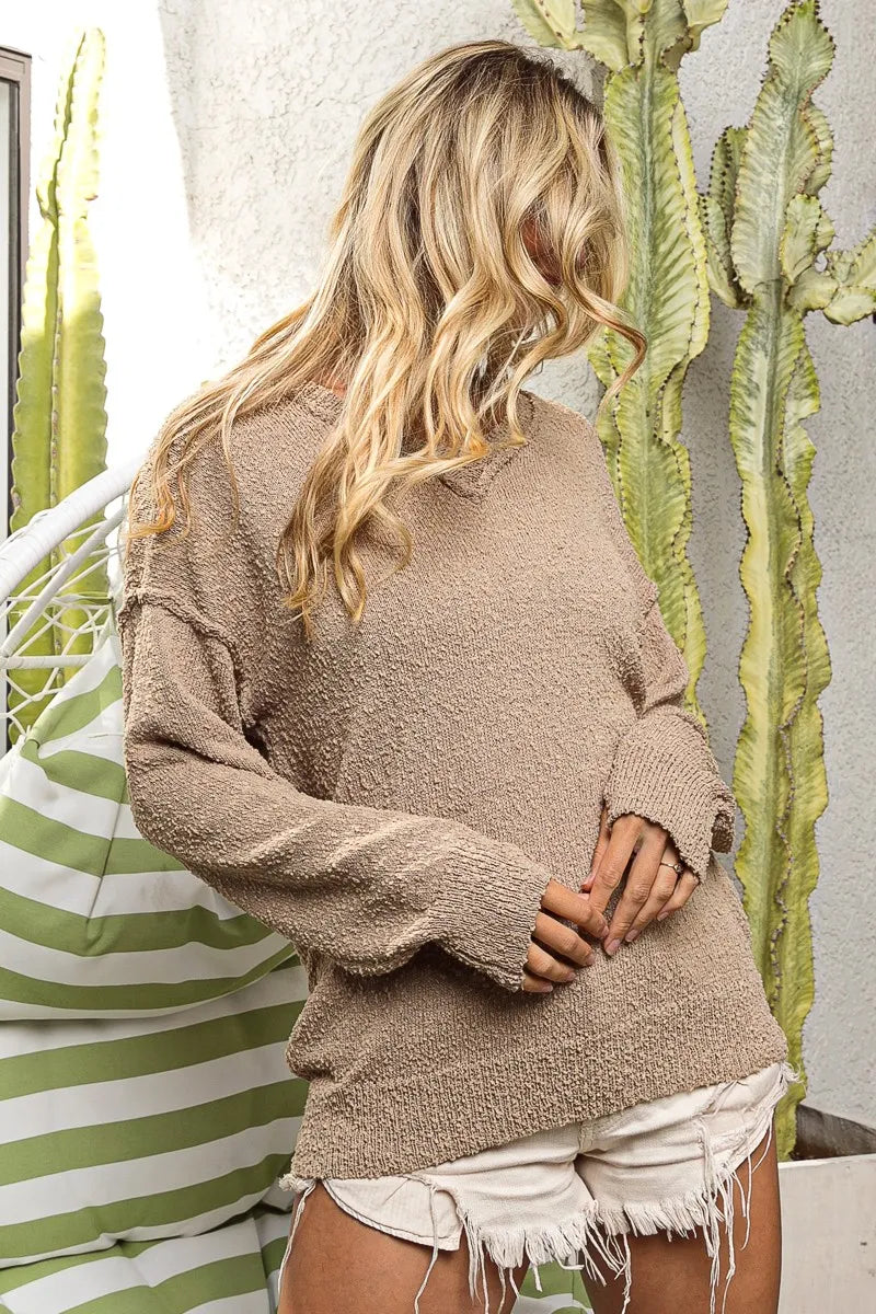 Raw Edged Popcorn Texture V-neck Sweater - Latte