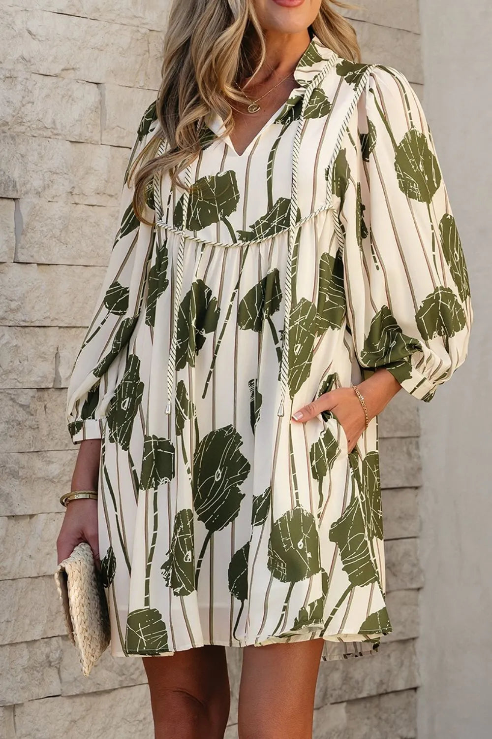Printed Tie Neck Balloon Sleeve Dress - Sage
