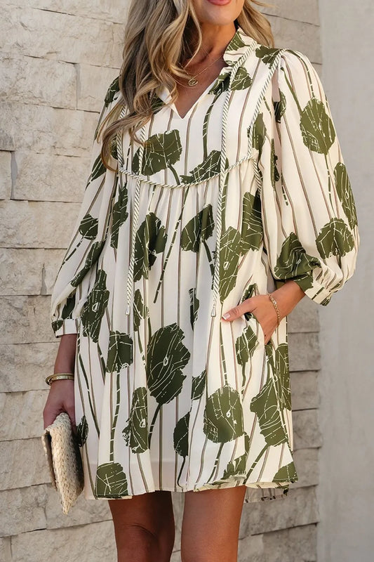 Printed Tie Neck Balloon Sleeve Dress - Sage