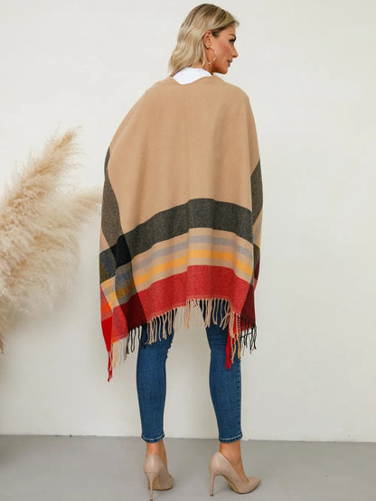 Fringe Contrast Plaid Poncho - Sherbet One Size