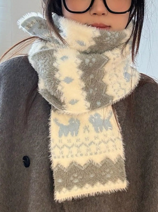 Animal Pattern Fuzzy Scarf - Light Blue One Size