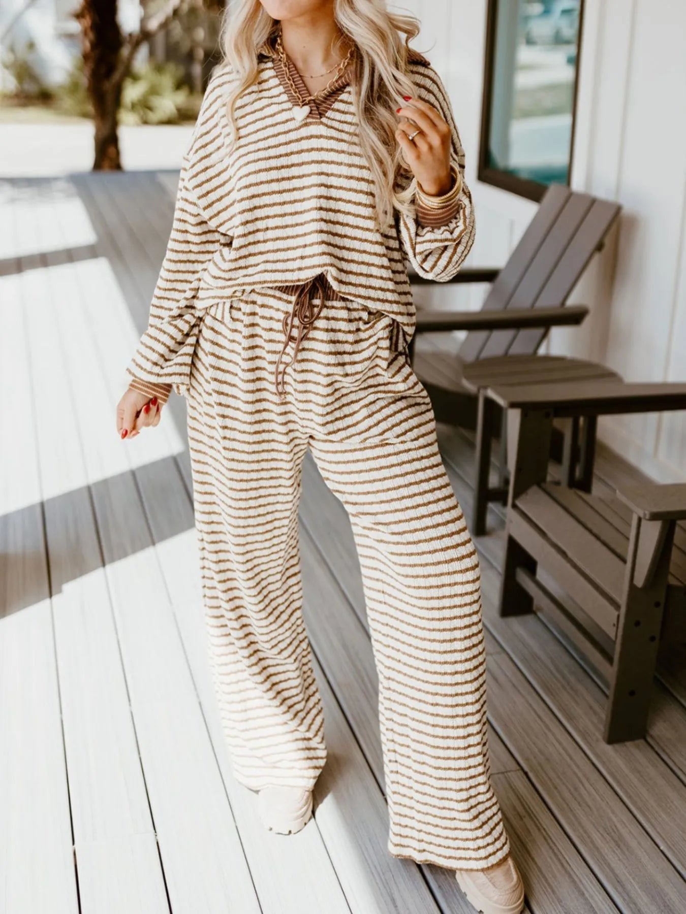 Stripe Collared Top and Drawstring Pant Set -