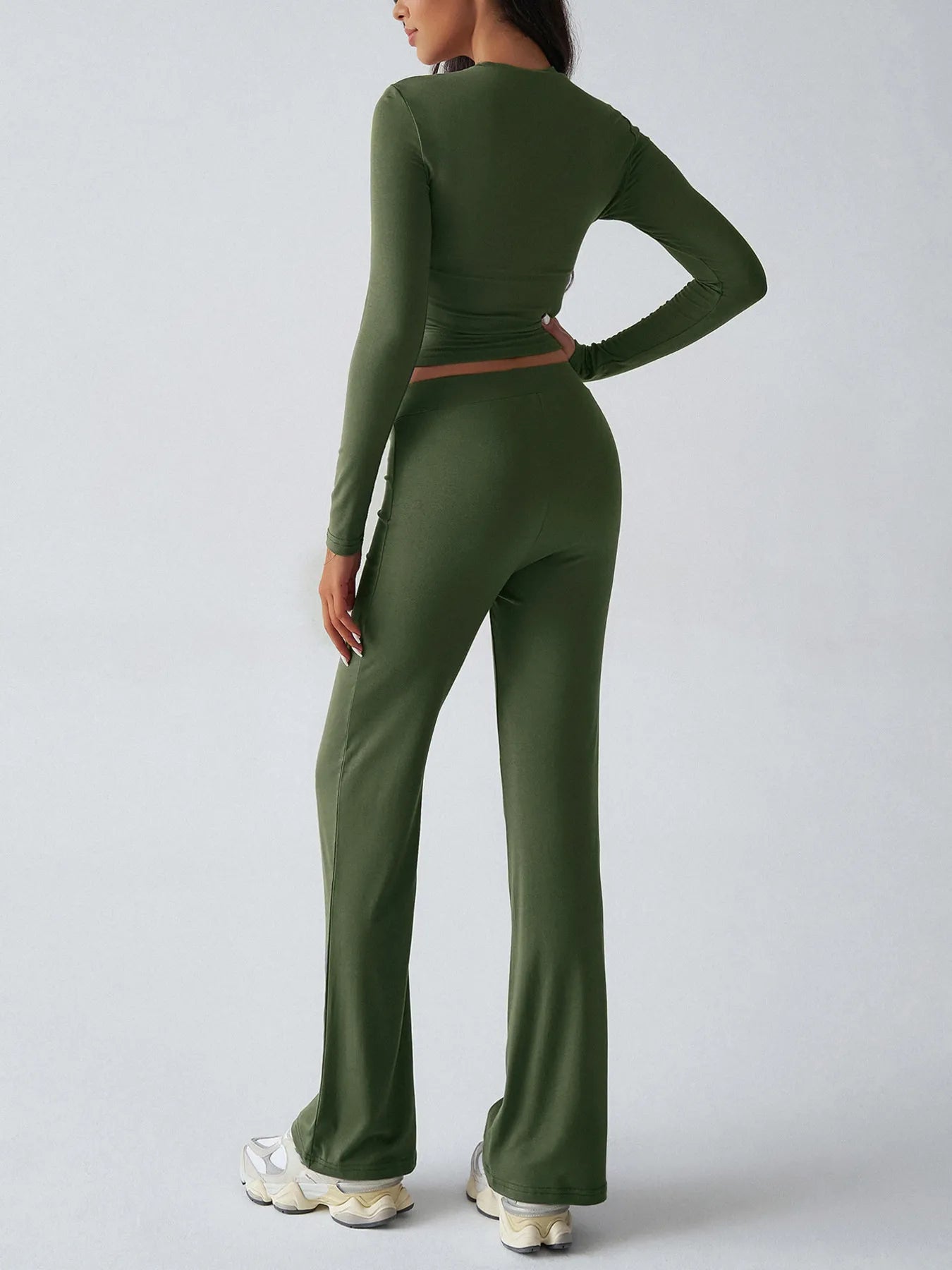 Round Neck Long Sleeve Top and Pants Set - Army Green
