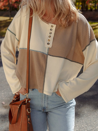 Color Block Stitch Detail Long Sleeve Top -