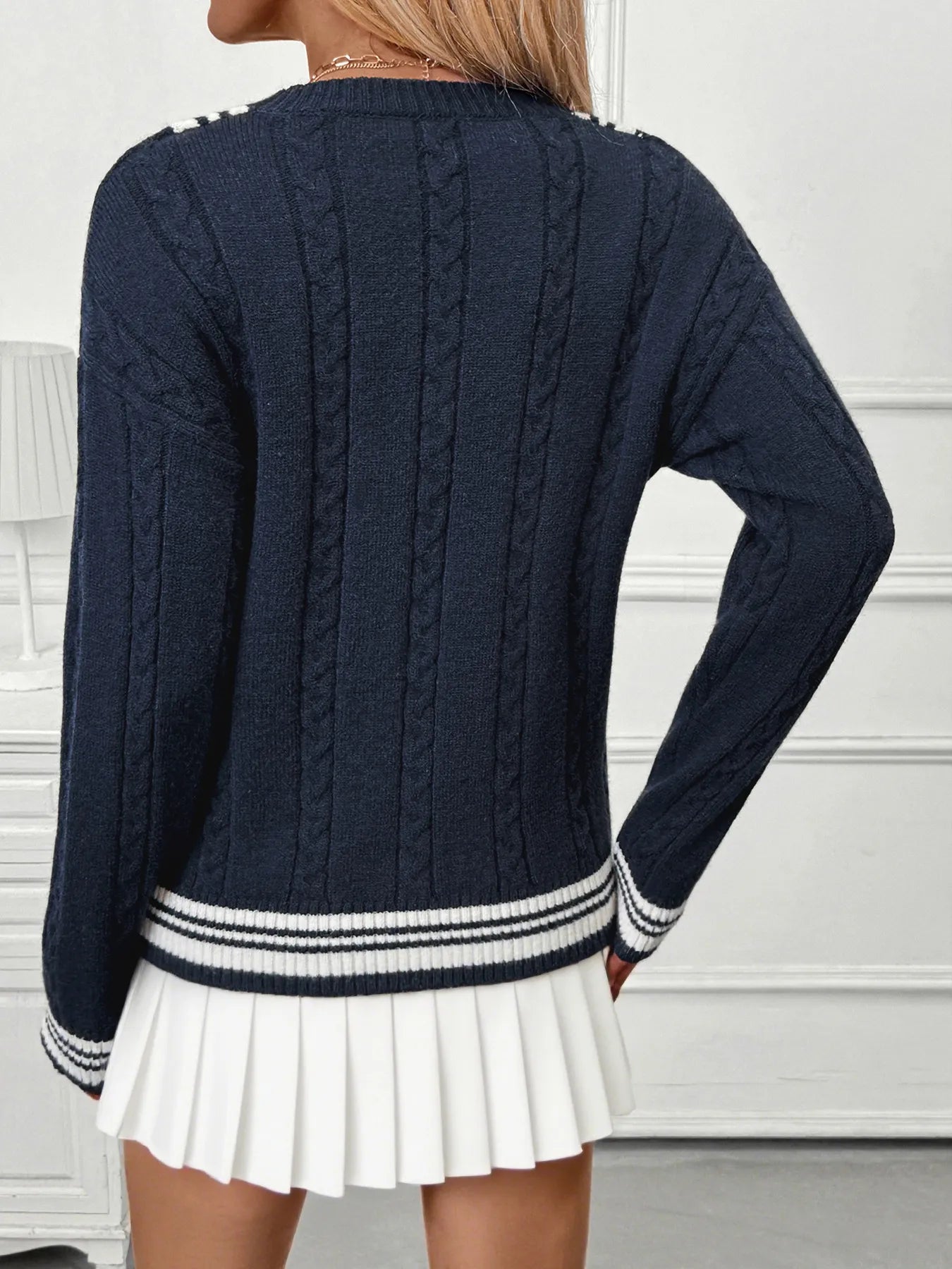 Contrast Striped V-Neck Sweater -