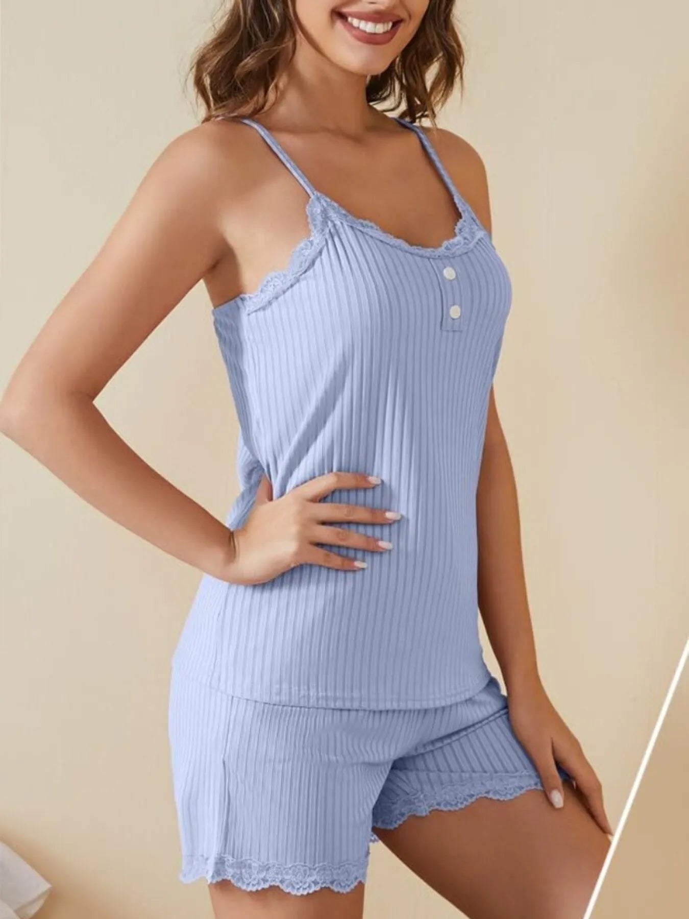 Lace-Trimmed Ribbed Cami and Shorts Lounge Set - Light Blue
