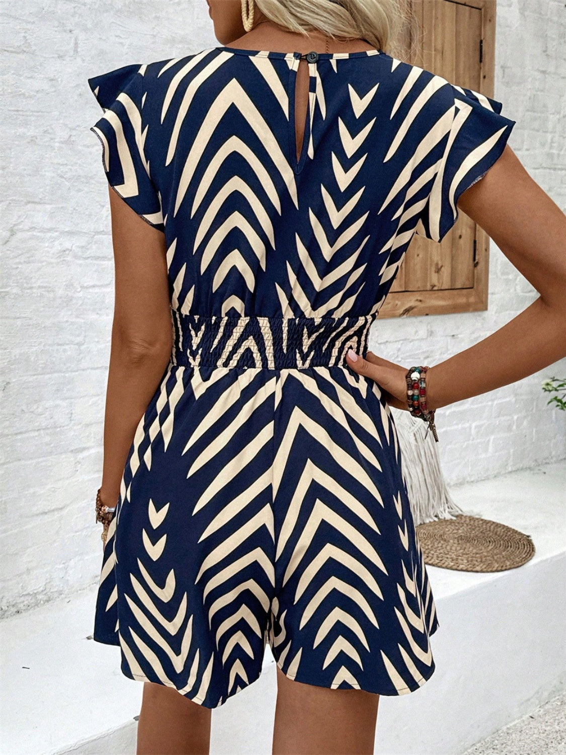 Printed Surplice Cap Sleeve Romper - Navy