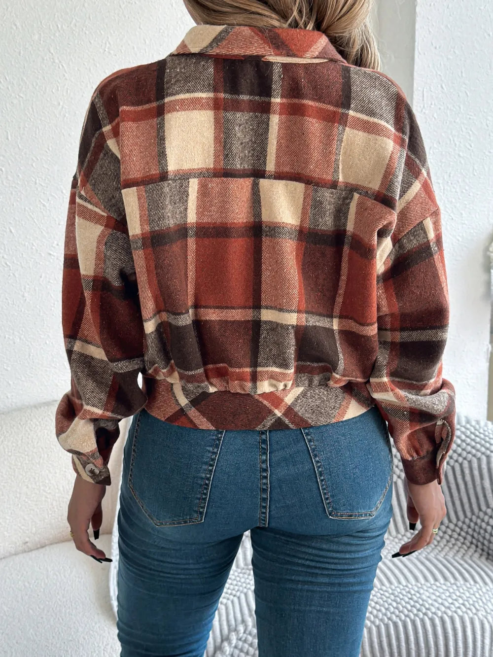 Plaid Button Up Long Sleeve Jacket - Terracotta