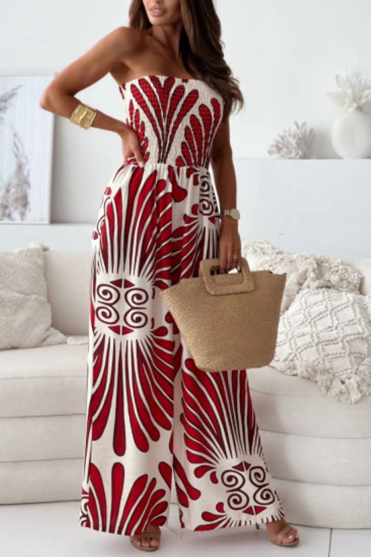 Printed Smocked Tube Wide Leg Jumpsuit - Red